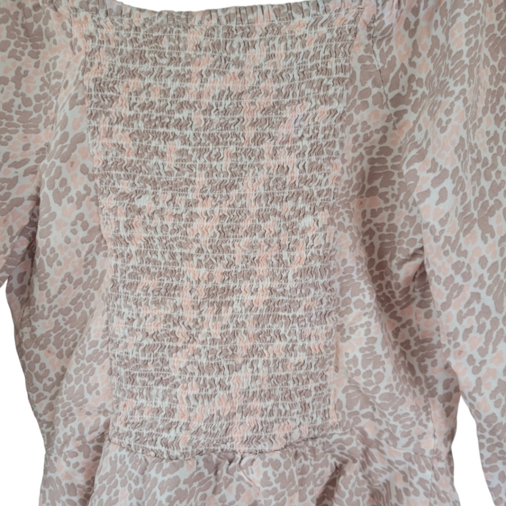 Japna XS Square Neck Ruched Peplum Crop Top Puff Sleeve Animal Print Coquette - Picture 8 of 11